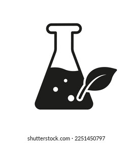 Glass Flask with Leaf Plant Silhouette Icon. Science Chemistry Natural Research Experiment Black Logo. Nature Bio Laboratory Sign. Paraben Free Symbol. Isolated Vector Illustration.