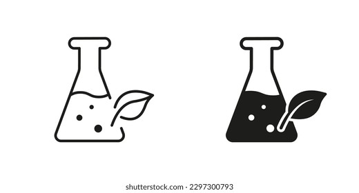 Matraz De Vidrio Con Silhouette De Hojas Y Juego De Icono De Línea. Logo Experimental Experimental de Investigación de la Naturaleza Química de la Ciencia. Signo de laboratorio de biotecnología. Símbolo libre de parabén. Ilustración de vectores aislados.