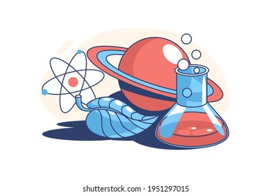 Glass flask with liquid vector illustration. Set for investigation flat style. Education and new discovery. Science and research concept. Isolated on white background