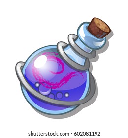 Glass flask with love elixir or essential oil, closed cork, isolated on white background. Vector cartoon close-up illustration.