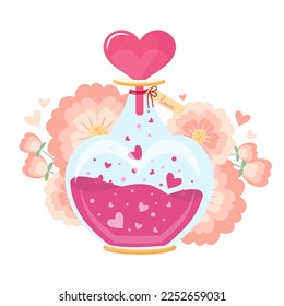 
Glass flask of love potion and heart inside. illustration. Love drink. The bottle has a label with the words "love". Vector clip-art illustration isolated on white background.