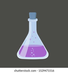 Glass flask with magic pink liquid, potion, vector