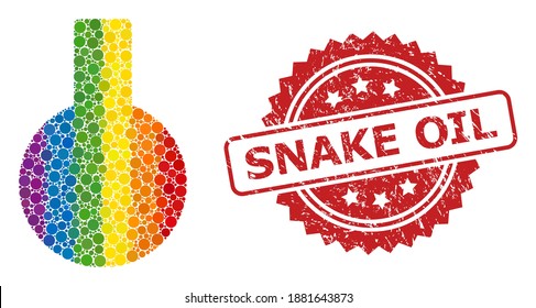 Glass flask mosaic icon of filled circle dots in different sizes and spectrum colored color tints, and Snake Oil dirty rosette stamp seal. A dotted LGBT-colored Glass flask for lesbians, gays,