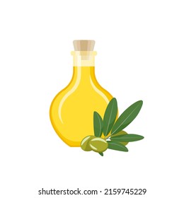 Glass flask of olive oil with a cork. Glass bottle of oil with olive branch and olive fruits flat vector illustration. Olive oil Composition. Isolated design on white background.	
