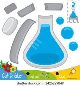 Glass flask on a stand for chemical experiments. Education paper game for preshool children. Vector illustration.