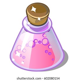 Glass flask with pink elixir, closed cork, isolated on white background. Vector cartoon close-up illustration.