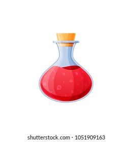 Glass flask with red liquid. Preparation of potion for magic, an accessory of magician. Item for game user interface, web games. Vector illustration.