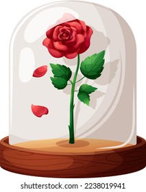 Glass flask with red rose and falling petals cartoon insolated