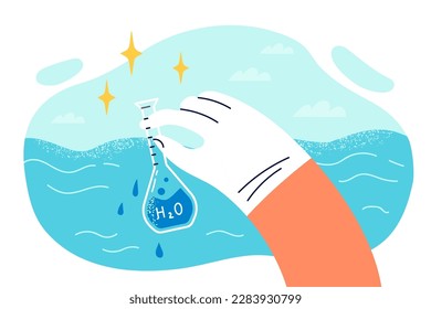 Glass flask signed H2O with water from ocean in hand environmentalist checking liquid for hazardous substances. Volunteer wants to test ocean water in lab for evidence of epidemiological catastrophe