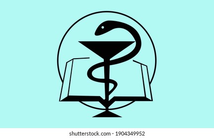 A glass flask , a snake, and an open book