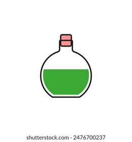 Glass flask with stopper and potion inside. Colored vector icon. Isolated illustration on white background.