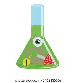 Frasco de vidrio con una poción de brujas. Ilustración vectorial sobre fondo blanco.