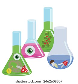 Glass flask with a witchs potion. Vector illustration on white background.