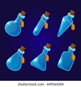 Glass flasks, bottles for game design. Elements for games.