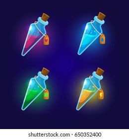 Glass flasks, bottles for game design. Elements for games.