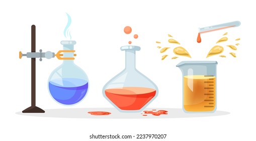 Máscaras de vidrio para experimentos químicos ilustraciones vectoriales. Colección de dibujos de dibujos animados de equipos de laboratorio para la investigación científica aislados sobre fondo blanco. Química, concepto científico