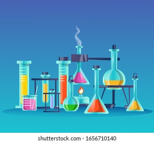 Glass flasks flat vector illustration. Scientific laboratory items, chemical lab equipment, experiment attributes. Containers with color liquid in cartoon style isolated on blue background