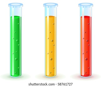 glass flasks with green red yellow  substance isolated on white background