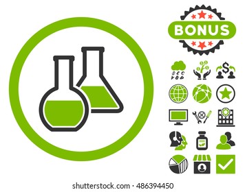 Glass Flasks icon with bonus images. Vector illustration style is flat iconic bicolor symbols, eco green and gray colors, white background.