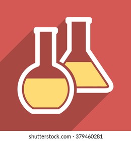 Glass Flasks long shadow vector icon. Style is a flat light symbol with rounded angles on a red square background.