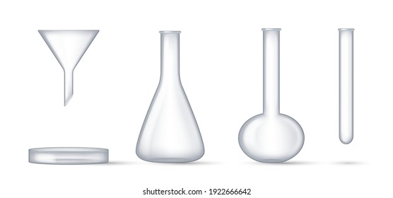 Glass flasks and test tubes realistic. Chemistry and biology laboratory glass flask glassware equipment set on white background. 3d vector illustration