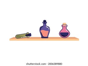 Glass flasks and tubes with bright magic potion laying on shelf, cartoon flat vector illustration isolated on white background. Magical witchcraft alchemic liquid.