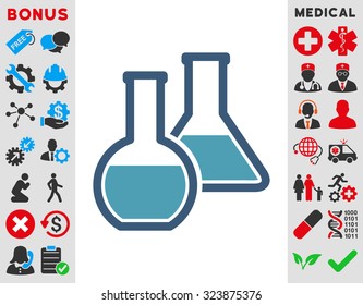 Glass Flasks vector icon. Style is bicolor flat symbol, cyan and blue colors, rounded angles, white background.