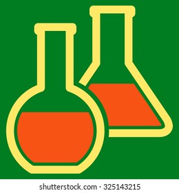 Glass Flasks vector icon. Style is bicolor flat symbol, orange and yellow colors, rounded angles, green background.