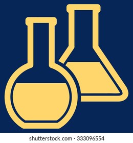 Glass Flasks vector icon. Style is flat symbol, yellow color, rounded angles, blue background.
