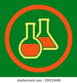 Glass Flasks vector icon. Style is bicolor flat rounded symbol, orange and yellow colors, rounded angles, green background.