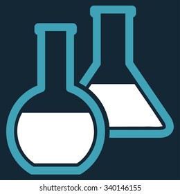 Glass Flasks vector icon. Style is bicolor flat symbol, blue and white colors, rounded angles, dark blue background.