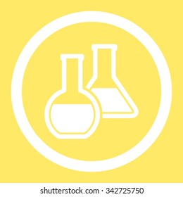 Glass Flasks vector icon. Style is flat rounded symbol, white color, rounded angles, yellow background.