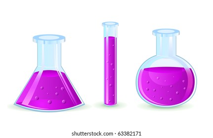glass flasks with violet substance isolated on white background