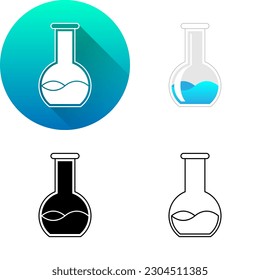 Glass Flat Bottom Flask Container Laboratory Equipment, Set of Flat Long Shadow, Color, Black-White Silhouette, Line Art Icon Symbol Logo Isolated on White Background