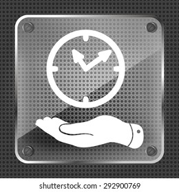 glass flat hand giving the clock icon on a metallic background - vector illustration