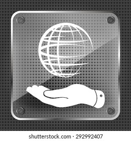Glass flat hand showing globe planet icon on a metallic background