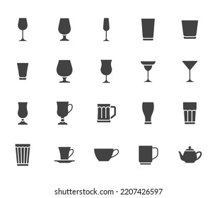 Glass flat illustration including icons as drink glassware type - beer mug, whiskey shot, wineglass, teapot minimal illustration. Simple glyph silhouette art about cocktail, beverage. Black color