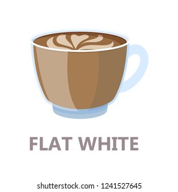 Glass of flat white coffee. Brown drink for breakfast with cream. Aroma beverage with milk. Flat vector illustration