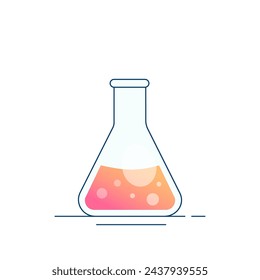 Matraz químico cónico de fondo plano de vidrio con reactivo. Diseño plano moderno para la química, biotecnología, biología