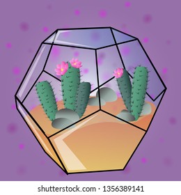 Glass florarium with blooming cacti on gradient background.
