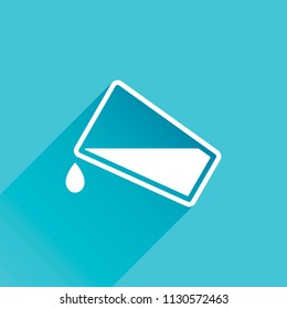 glass and flowing water icon. Gray icon with long shadow in bottom left corner on blue background
