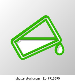 glass and flowing water icon. Paper style. Cut symbol with green bold contour on shape and simple shadow