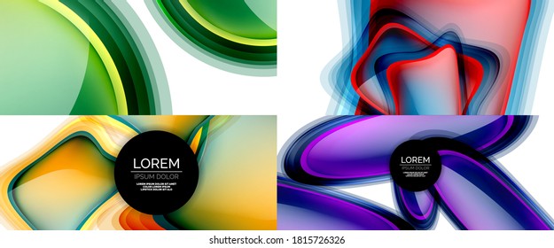 Glass fluid shapes abstract backgrounds. Geometric liquid bubble templates