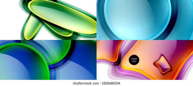 Glass fluid shapes abstract backgrounds. Geometric liquid bubble templates