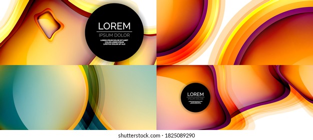 Glass fluid shapes abstract backgrounds. Geometric liquid bubble templates