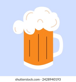 Glass of foam beer. Vector illustration in hand drawn style. Blue isolated background.