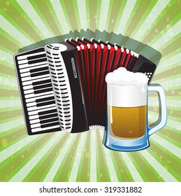 Glass of foamy beer and accordion with red bellows on radiant green background