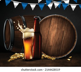 A glass of  foamy beer, a bottle and wooden barrels. Highly realistic illustration.