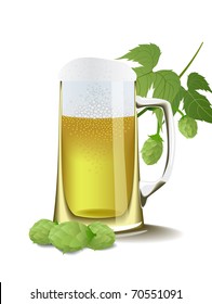 A glass of foamy beer and fruit hops are shown in the picture.