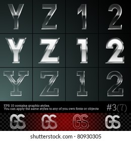 Glass font font plus graphic styles. Set #3. File contains graphic styles available in the Illustrator 10 + You can apply the styles to any of you own fonts or objects